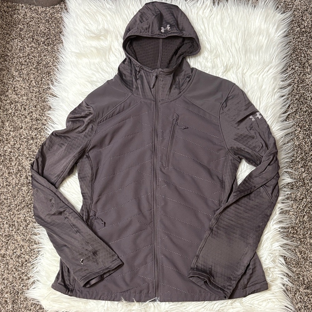 Under Armour Purple Fitted Cold Gear Hooded Zip Up Jacket Lightweight Size L - Picture 2 of 12